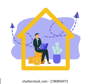 	
Vector illustration, work from home online, creative space, self-isolation, freelancer working on a laptop