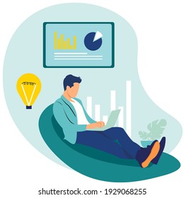 Vector illustration, work from home online, creative space, freelancer working on a laptop vector