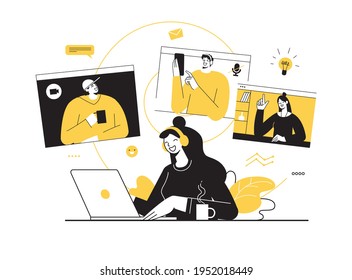 Vector illustration, work from home online, remote work, self-isolation. Freelance worker holding a video conference with colleagues from home. Internet connection. Friends video meeting