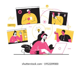 Vector illustration, work from home online, creative space, self-isolation. Freelancer work and holding a video conference with collegges from home. Internet connection. Friends video meeting