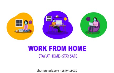 Vector illustration of Work from home. Stay at home - Stay safe. Woman and man works on the laptopand.
