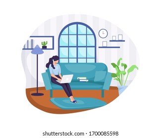 Vector illustration Work from home. Young woman sitting on sofa work on the laptop. Freelancer home workplace, Working from home to avoid spreading the coronavirus. Vector illustration in a flat style