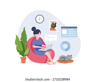 Vector illustration Work from home. Young woman sitting on sofa work on the laptop. Freelancer home workplace, Working from home to avoid spreading the coronavirus. Vector illustration in a flat style