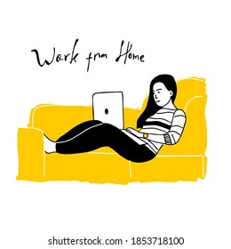 Vector Illustration Work from home.a woman sitting in a chair holding a laptop.hand draw style.vector illustration.