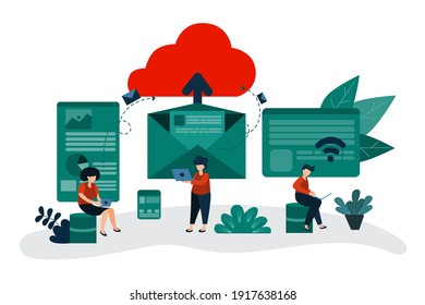 Vector Illustration The Work Of Internet Cloud Programs Is A Modern Technology That Can Store Large Volumes Of Data. Making It Convenient For Employees To Work