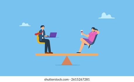 Vector illustration of work life balance concept. Employee, entrepreneur, businessman work on one side and relax on the other.