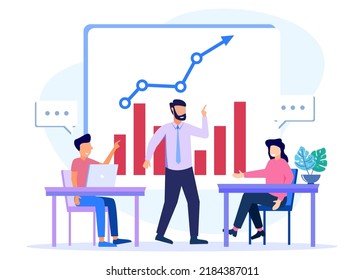 Vector illustration of work meeting, entrepreneurs having joint meetings, team thinking and brainstorming, company information analytics.