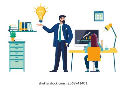 Vector illustration. Work in the office, coworking. Businessman with financial idea and freelancer girl working at home on computer monitor. People are isolated, self-employed. Business, interior
