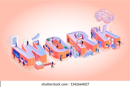 Vector Illustration Work on Pink Background. Small People among Large Letters Work Together Happily. Office Workers in Casual Clothes Sit in anoffice Table and Make Financial Analysis.