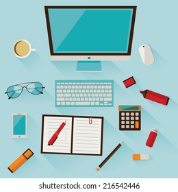 Vector illustration of work place with computer, mouse, cup of coffee, glasses, pen, pencil, markers, eraser, notebook, keyboard, flash and calculator.