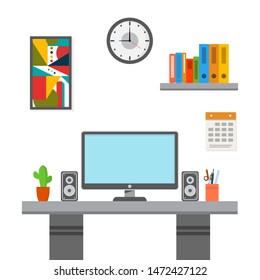 vector illustration of work place, office desk, workspace flat design concept