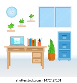 vector illustration of work place, office desk, workspace flat design concept