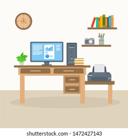 vector illustration of work place, office desk, workspace flat design concept