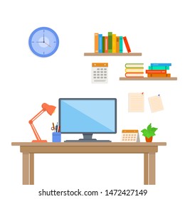 vector illustration of work place, office desk, workspace flat design concept