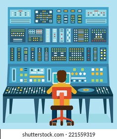 Vector illustration of work place sound engineer's. Mixing console. Analog synthesizer - vector illustration