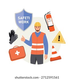 Ilustración vectorial de seguridad en el trabajo. Escena de dibujos animados de un hombre con un chaleco protector, casco, símbolos de trabajo seguro: extintor de incendios, guantes, kit de primeros auxilios, cono de tráfico, señales de tráfico aisladas sobre fondo blanco.