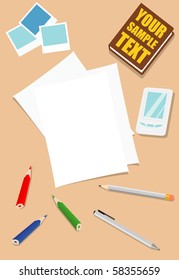 vector illustration of work table with a lot of objects