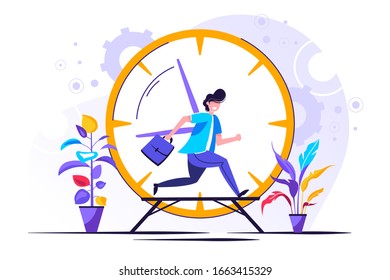 Vector illustration, work time management concept, quick response, people rush to do everything at work, time is running out, rewind time
