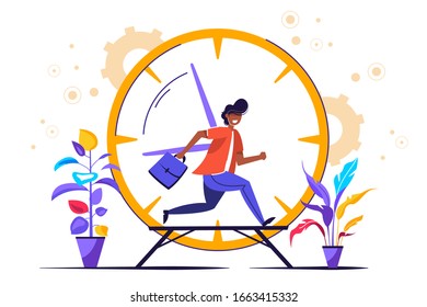 Vector illustration, work time management concept, quick response, people rush to do everything at work, time is running out, rewind time
