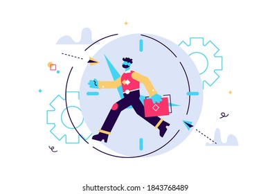 Vector illustration, work time management concept, quick response, people rush to do everything at work, time is running out, rewind time
