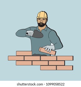 vector illustration of a worker building a brick wall, cartoon design