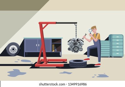 vector illustration of 
a worker in a car service maintains an engine suspended on a lift