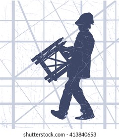 Vector illustration of worker carries construction structure from metal. Background of the building structure.