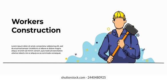 Vector illustration of a worker carrying a hammer. Modern flat in continuous line style.