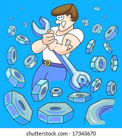 Vector Illustration of worker circled with lots of bolts