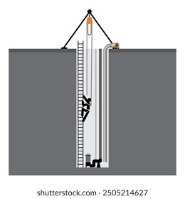 Vector illustration of worker climbing the ladder wearing safety harness. Confined space work with emergency rescue procedure. Industrial and construction work.