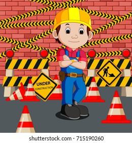 Vector illustration of worker with construction sign