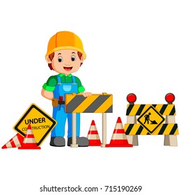 Vector illustration of worker with construction sign