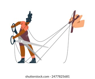 Vector illustration of a worker cutting ropes with scissors to avoid toxic control. A flat scene of the puppets' liberation and their return to power.