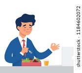 vector illustration worker eat salad in his office, healthy lifestyle illustration of worker eat raw vegetables for lunch