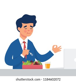 vector illustration worker eat salad in his office, healthy lifestyle illustration of worker eat raw vegetables for lunch