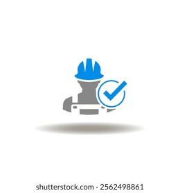 Vector illustration of worker or engineer in hard helmet with check mark. Symbol of OSHA Safety and Health Administration. Icon of worker health safety.