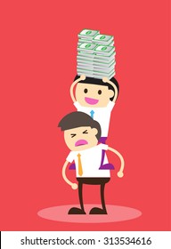 Vector illustration of a worker and exploiter, Businessman work hard alone. Exploit partner concept. Exploitation, oppression, betrayal. money