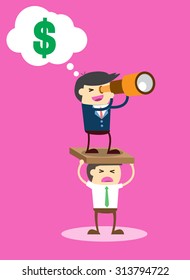 Vector illustration of a worker and exploiter, Businessman work hard alone. Exploit partner concept.vector illustration, success. Flat design. businessman using binoculars. telescope. business concept