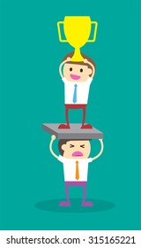 Vector illustration of a worker and exploiter, Businessman work hard alone. Exploit partner concept. vector illustration, trophy cup, success, oppressive, tyrannical. Flat design.