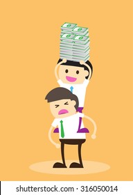 Vector illustration of a worker and exploiter, Businessman work hard alone. Exploit partner concept. Exploitation, oppression, betrayal. money