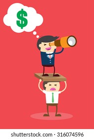 Vector illustration of a worker and exploiter, Businessman work hard alone. Exploit partner concept.vector illustration, success. Flat design. businessman using binoculars. telescope. business concept