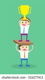 Vector illustration of a worker and exploiter, Businessman work hard alone. Exploit partner concept. vector illustration, trophy cup, success, oppressive, tyrannical. Flat design.