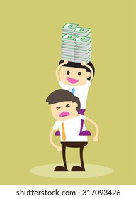 Vector illustration of a worker and exploiter, Businessman work hard alone. Exploit partner concept. vector illustration, success, oppressive, tyrannical. Flat design.