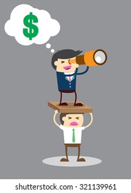 Vector illustration of a worker and exploiter, Businessman work hard alone. Exploit partner concept.vector illustration, success. binoculars