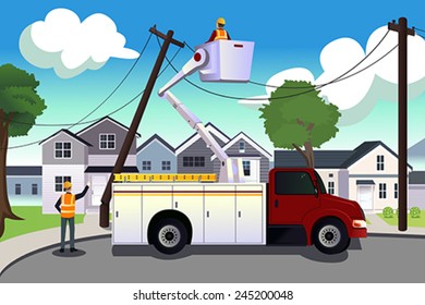 A Vector Illustration Of Worker Fixing Broken Power Lines