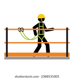 Vector illustration of worker fully tied off the safety harness on the railing anchorage. Proper connection of personal protective equipment for working at height. Stick character.