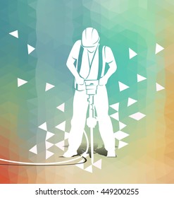 Vector illustration of a worker with a jackhammer on polygonal background