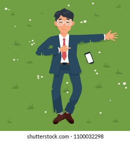 vector illustration of worker lay on grass in a park. Man worker lay on grass. worker tired 