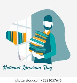 vector illustration of a worker in the library lifting books and tidying them on the bookshelf by arranging them, in commemoration of national librarian day