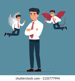 vector illustration worker man with angel and devil argue 